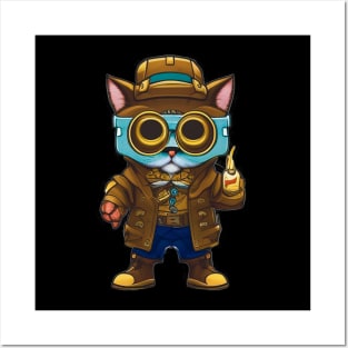 Steampunk Cat in Goggles and Jacket Posters and Art